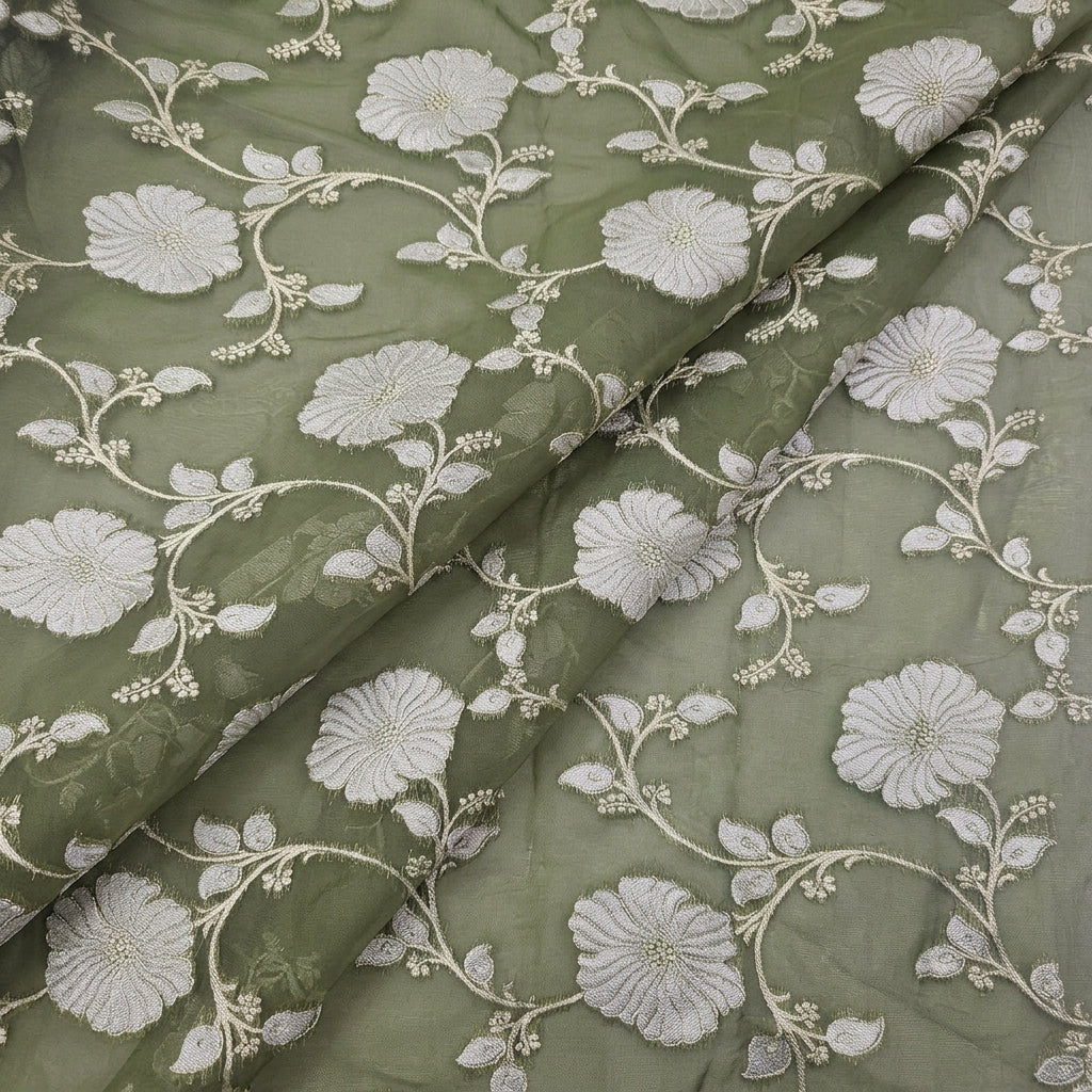 Folded Embroidery Green Embroidery Semi Banaras Fabric