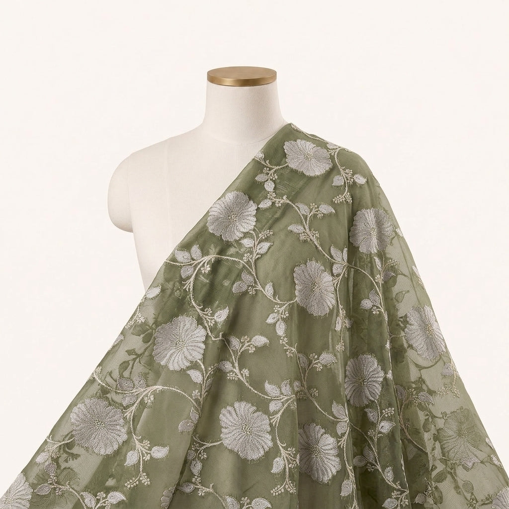 Embroidery Green Embroidery Semi Banaras Fabric Draped as a saree