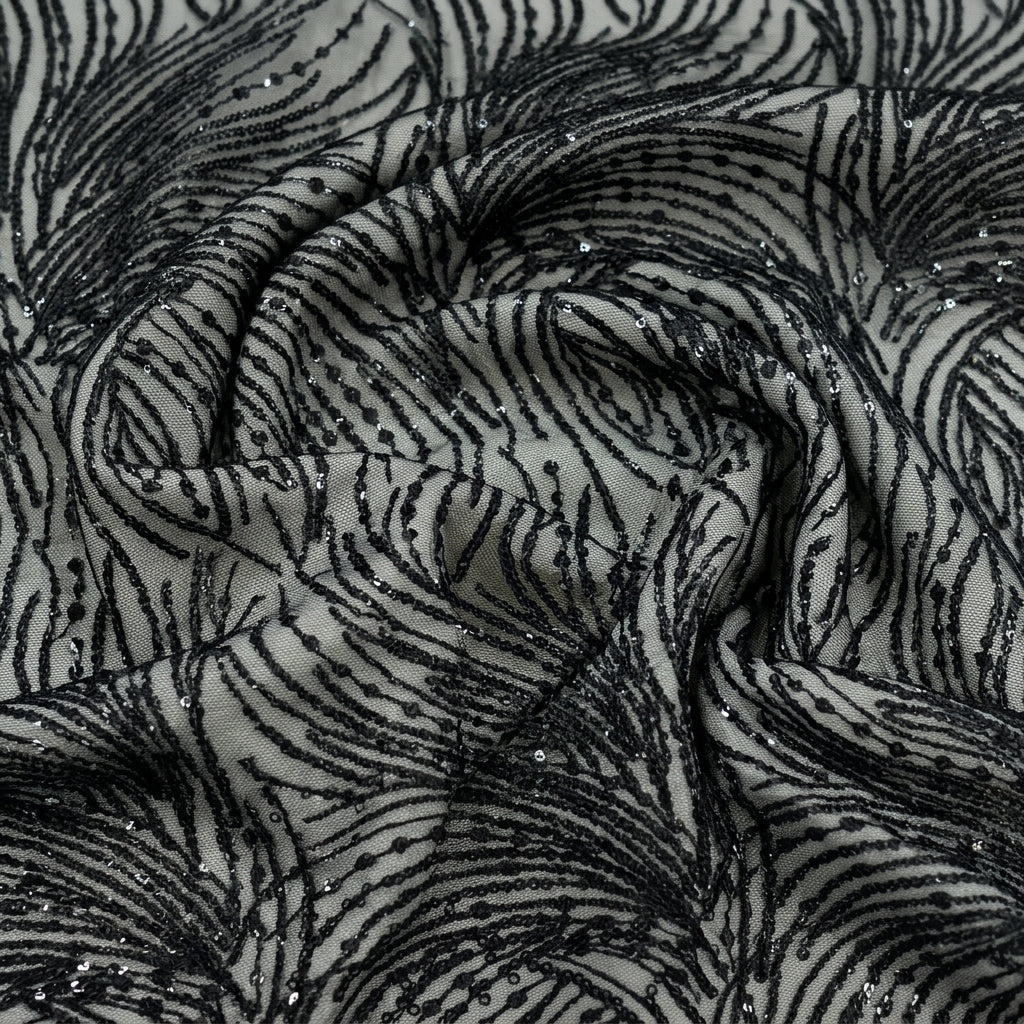 Swirled Abstract Black Abstract Net Fabric