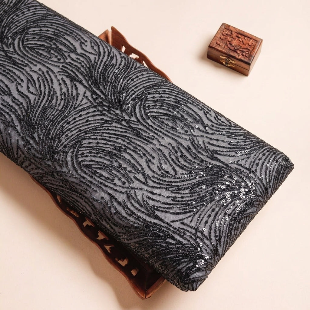 Abstract Black Abstract Net Fabric on a wooden tray