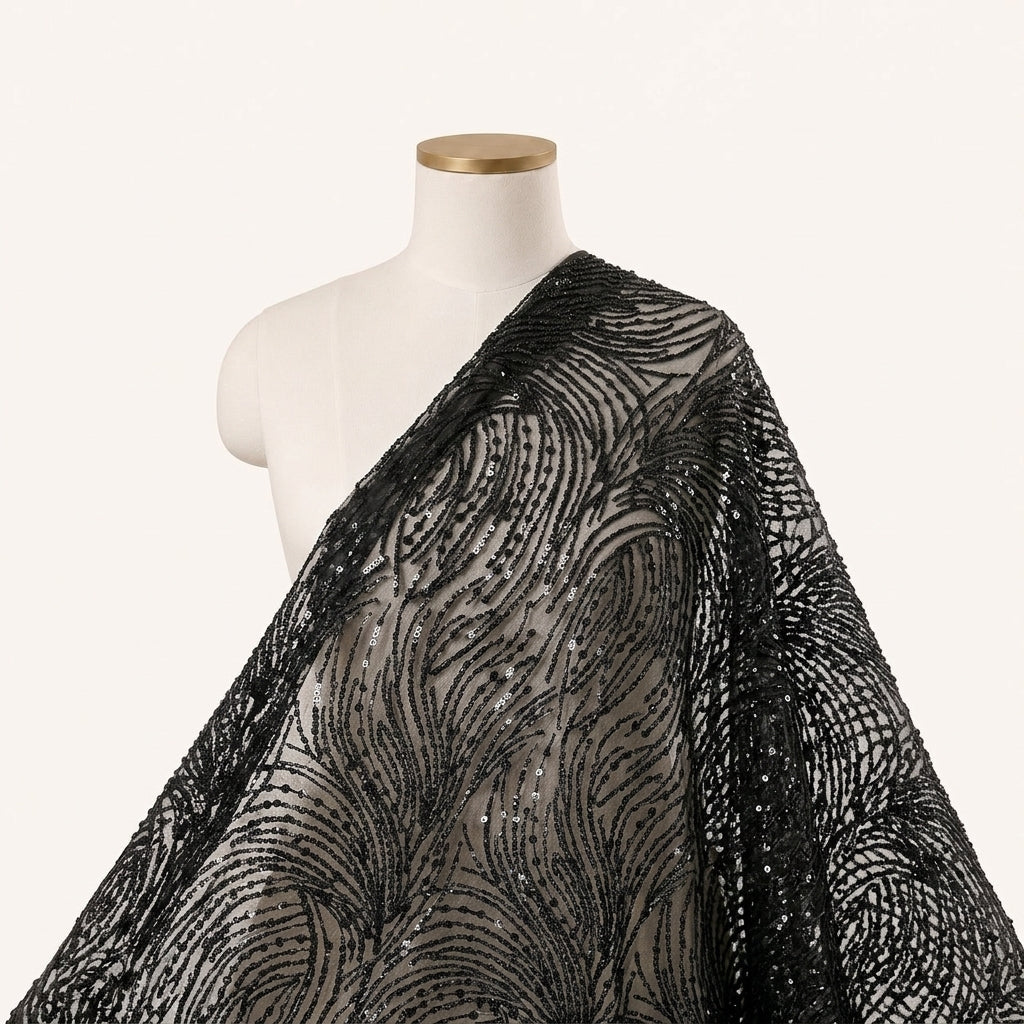 Abstract Black Abstract Net Fabric Draped as a saree