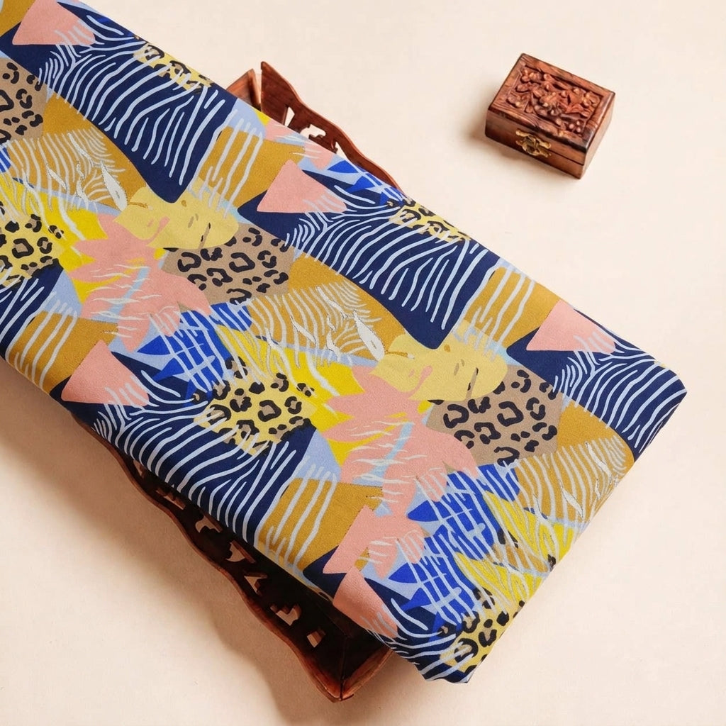 Folded Yellow Animal Print Crepe Fabric Highlighting and Texture