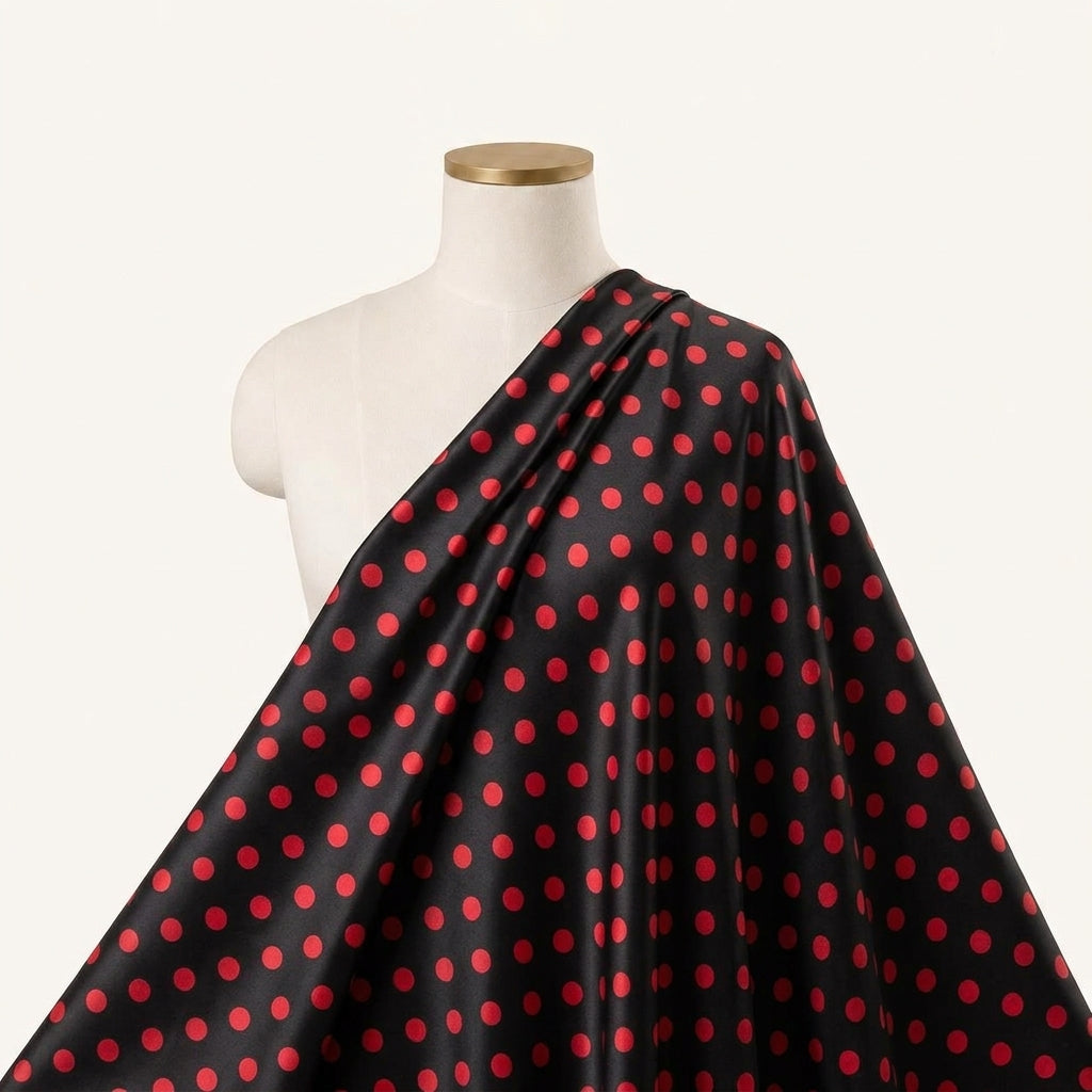Polka Dots Black Polka Dots Satin Fabric Draped as a saree