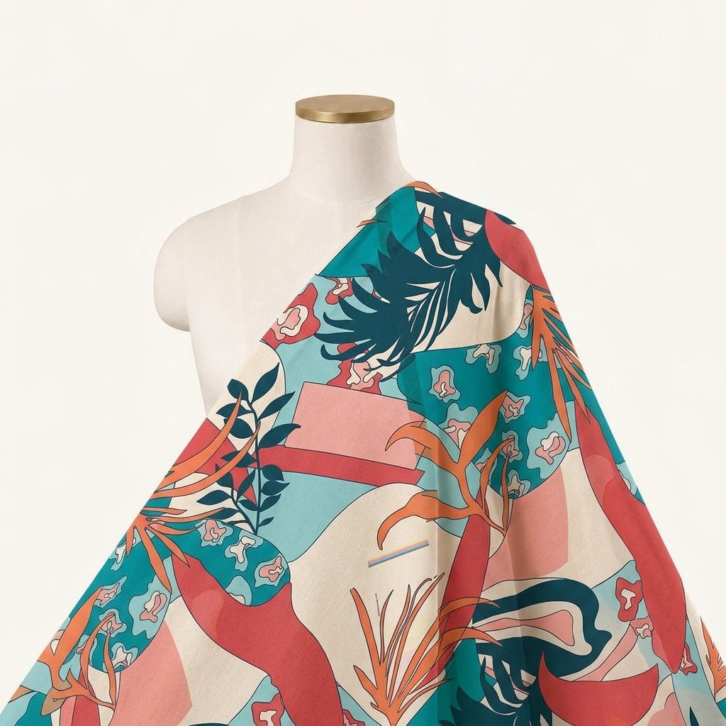 Abstract Cream Abstract Georgette Fabric Draped as a saree