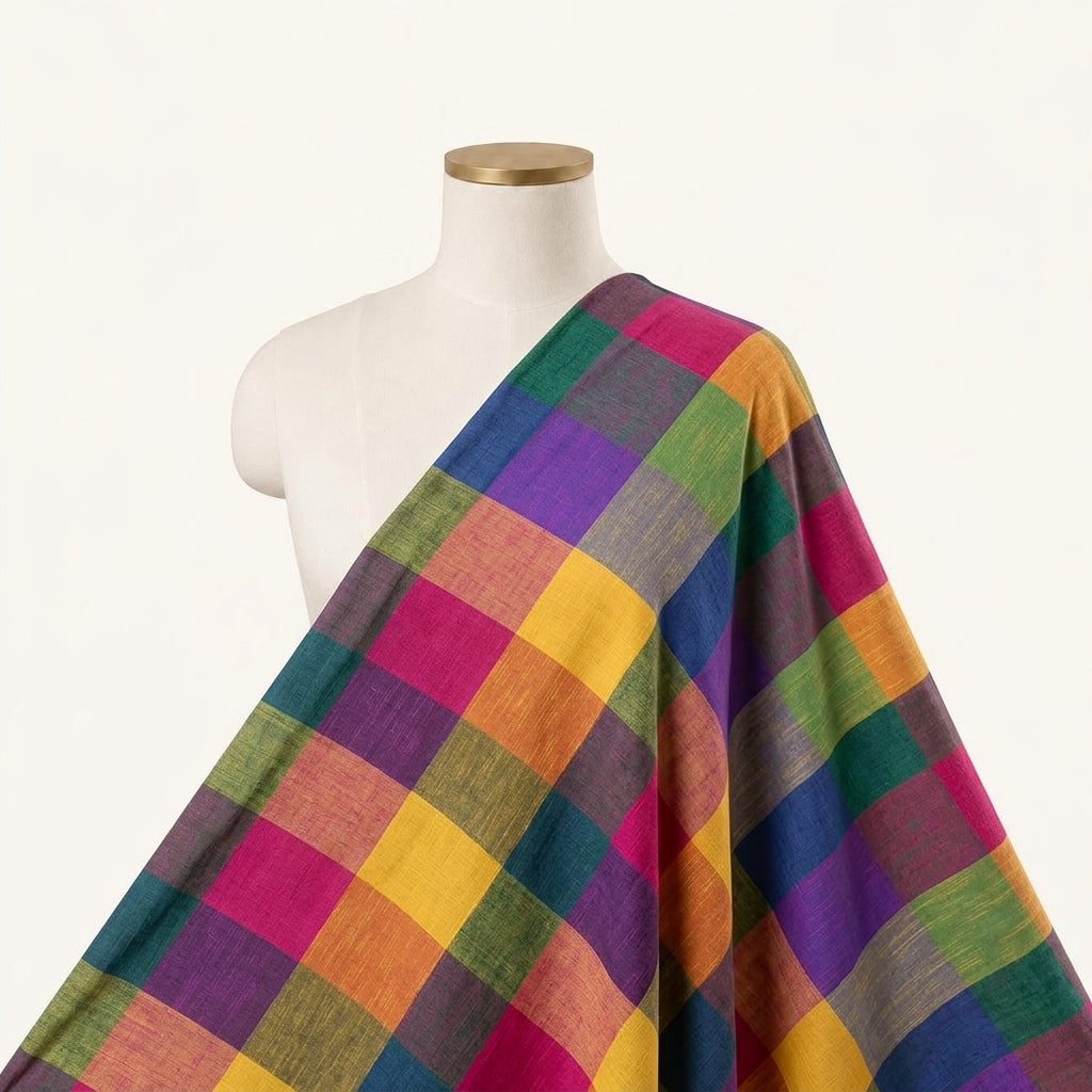 Madras Checks Multicolor Madras Checks Cotton Fabric Draped as a saree