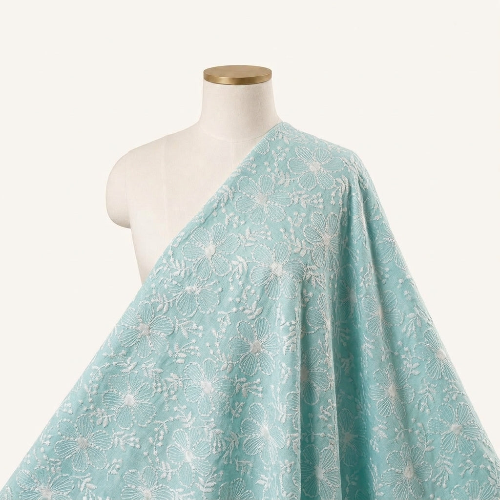 Embroidery Blue Embroidery Cotton Fabric Draped as a saree