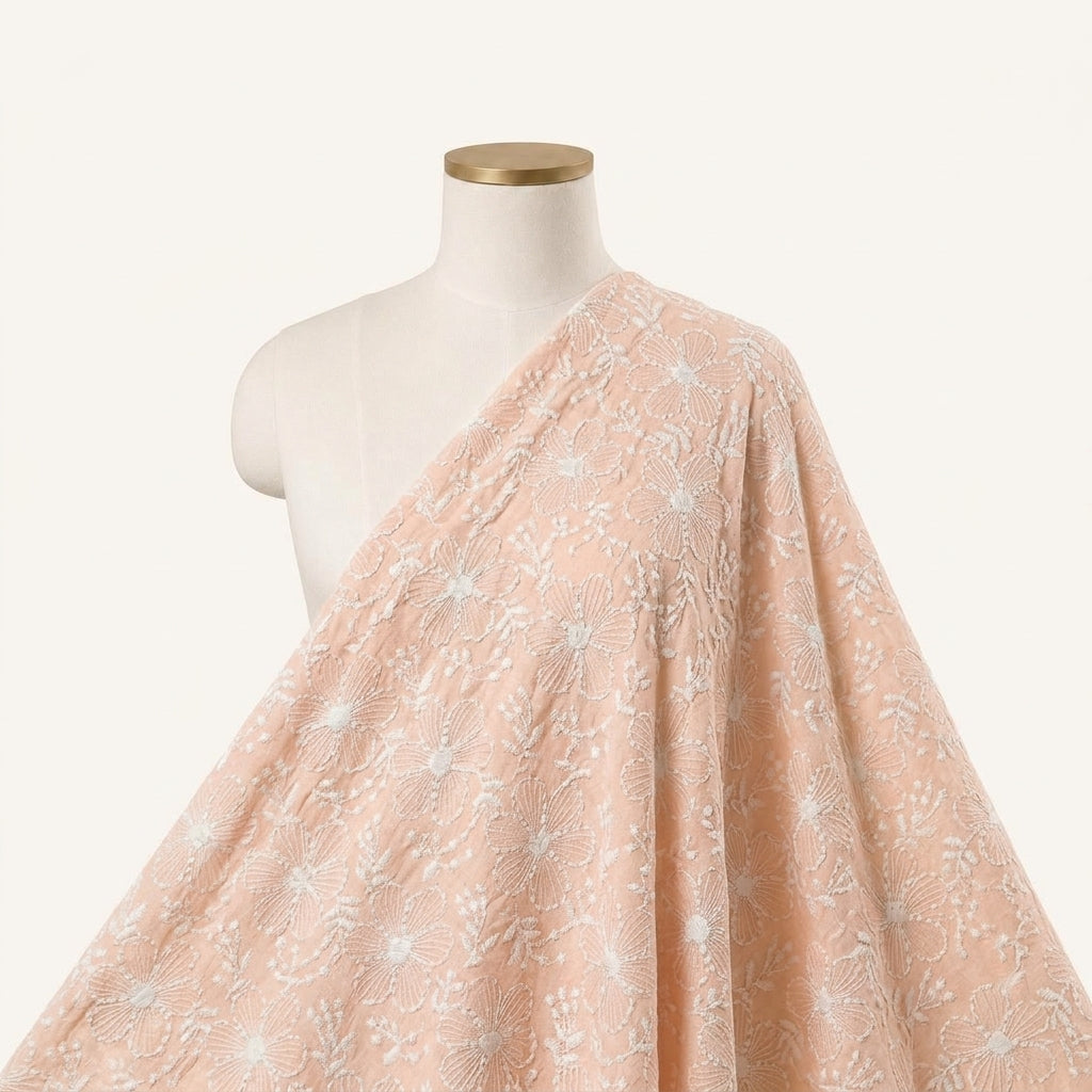 Embroidery Peach Embroidery Cotton Fabric Draped as a saree