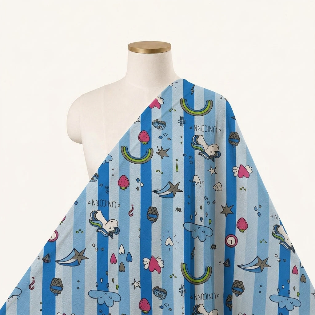 Printed Blue Printed Cotton Fabric Draped as a saree