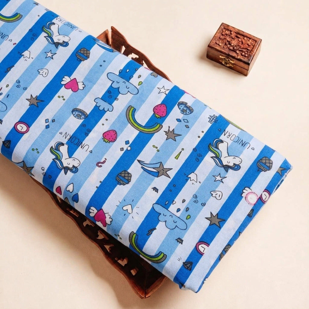Folded Blue Printed Cotton Fabric Highlighting Kids and Texture