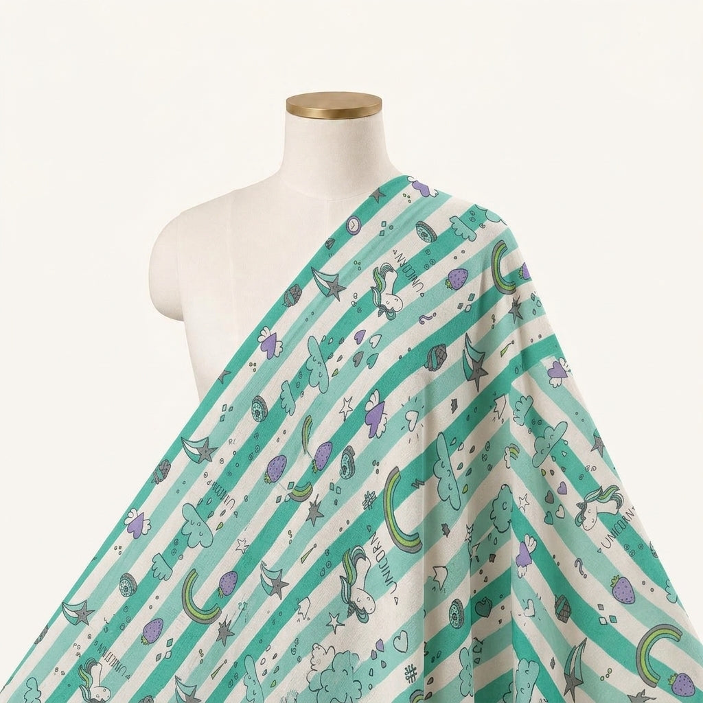 Printed Green Printed Cotton Fabric Draped as a saree