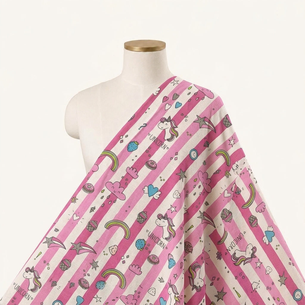 Printed Pink Printed Cotton Fabric Draped as a saree