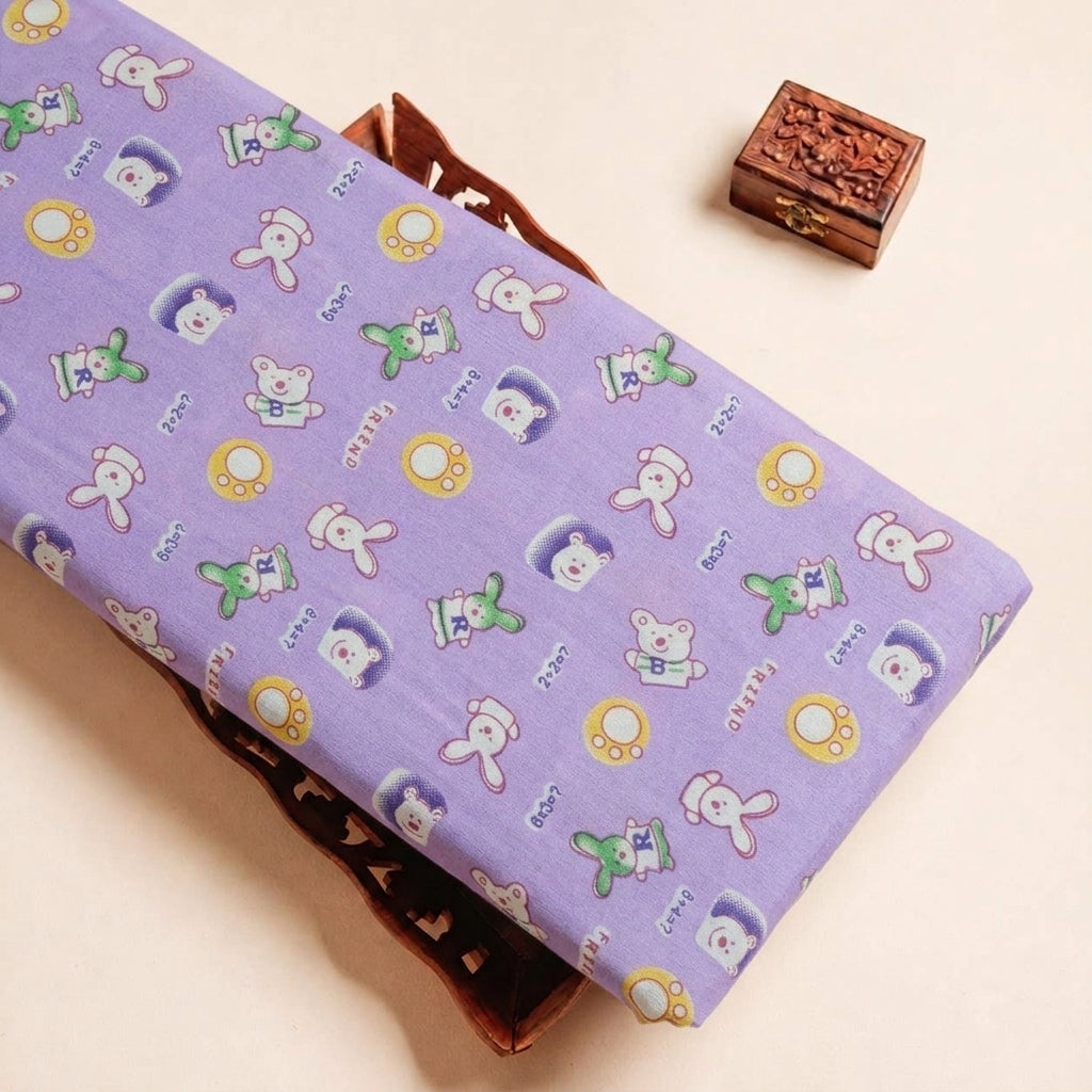 Folded Purple Printed Cotton Fabric Highlighting Kids and Texture