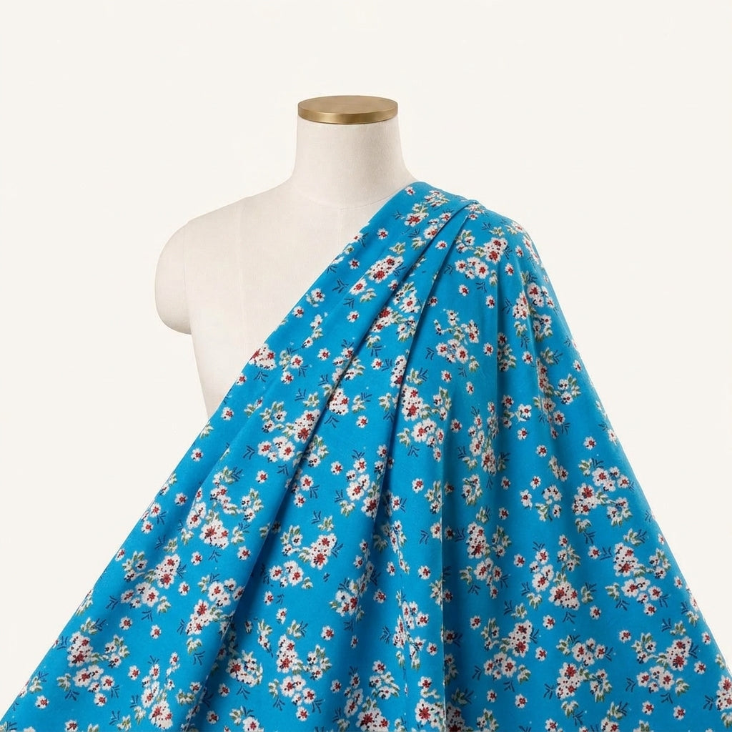 Floral Blue Floral Cotton Fabric Draped as a saree