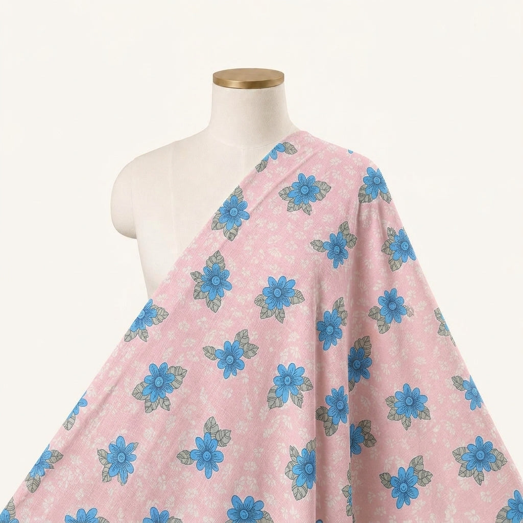 Floral Pink Floral Cotton Fabric Draped as a saree