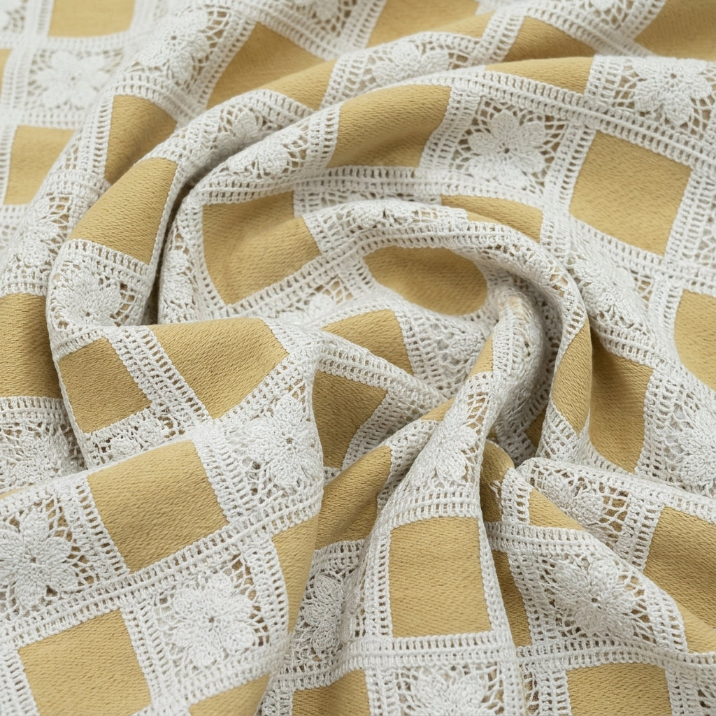 Swirled Embroidery Mustard Yellow Embroidery Cotton Fabric