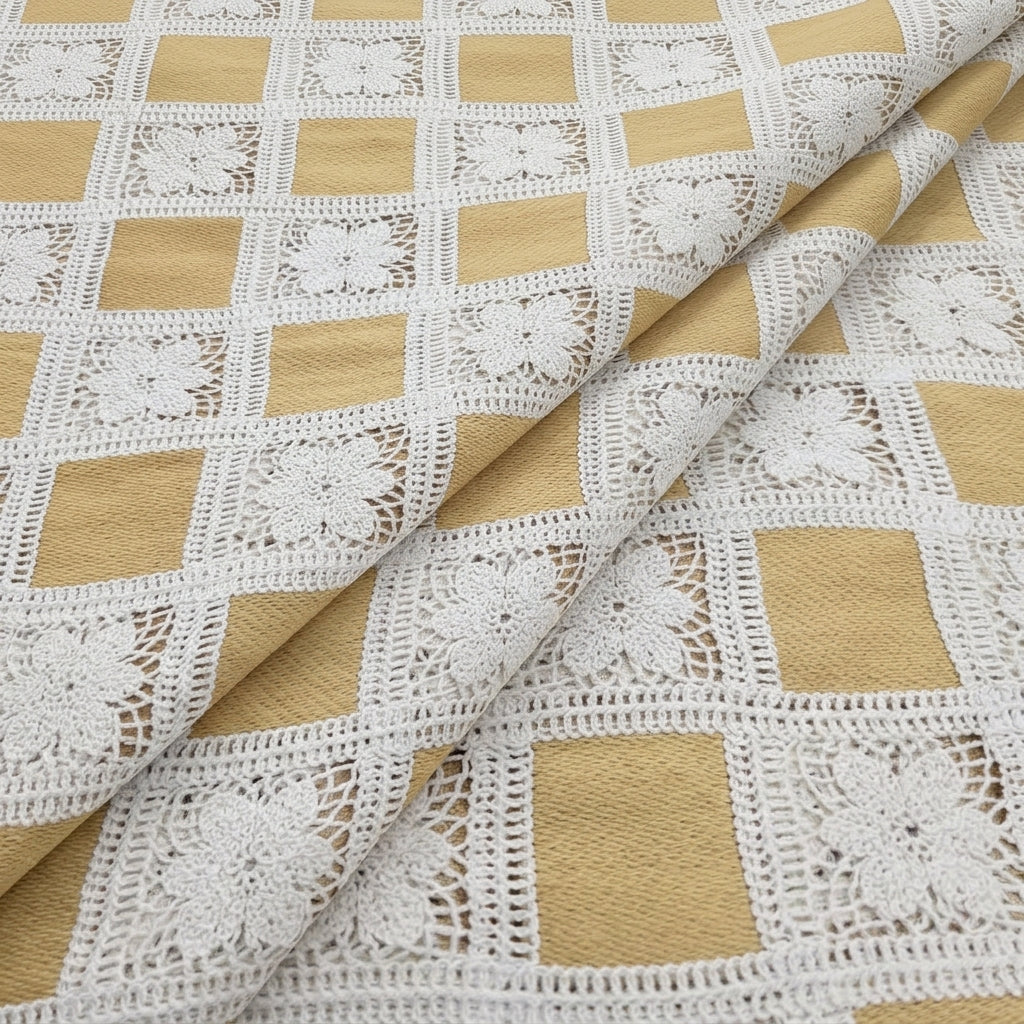 Folded Embroidery Mustard Yellow Embroidery Cotton Fabric