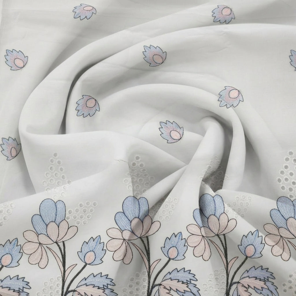 Cream Floral Embroidery Cotton Fabric