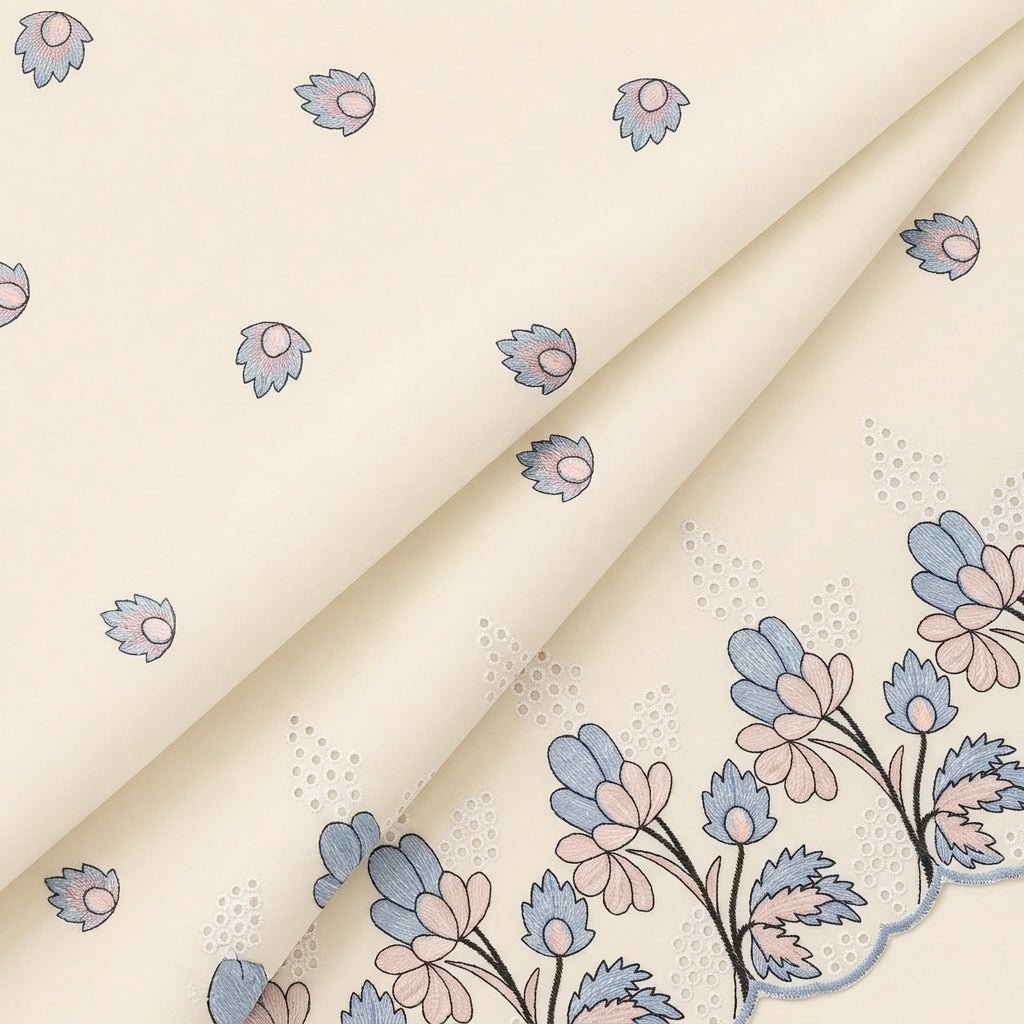 Cream Floral Embroidery Cotton Fabric