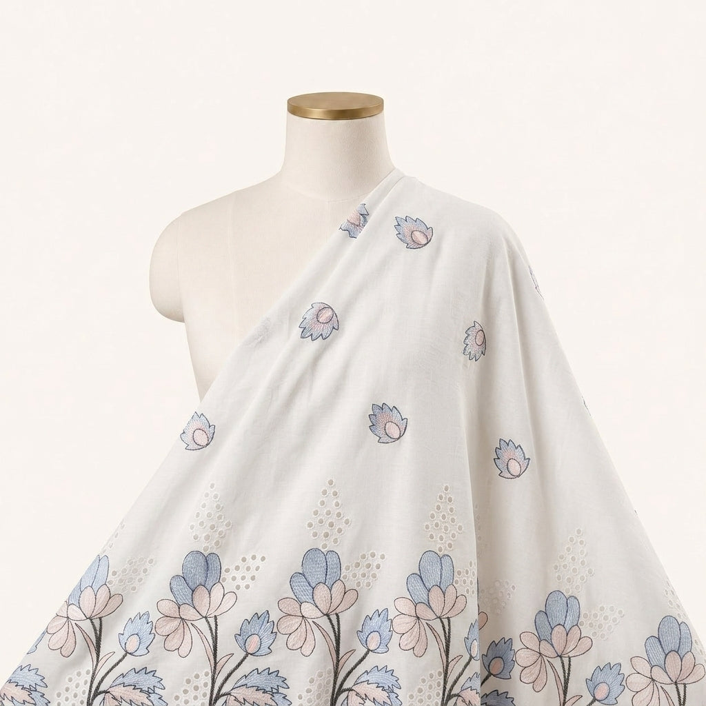 Cream Floral Embroidery Cotton Fabric