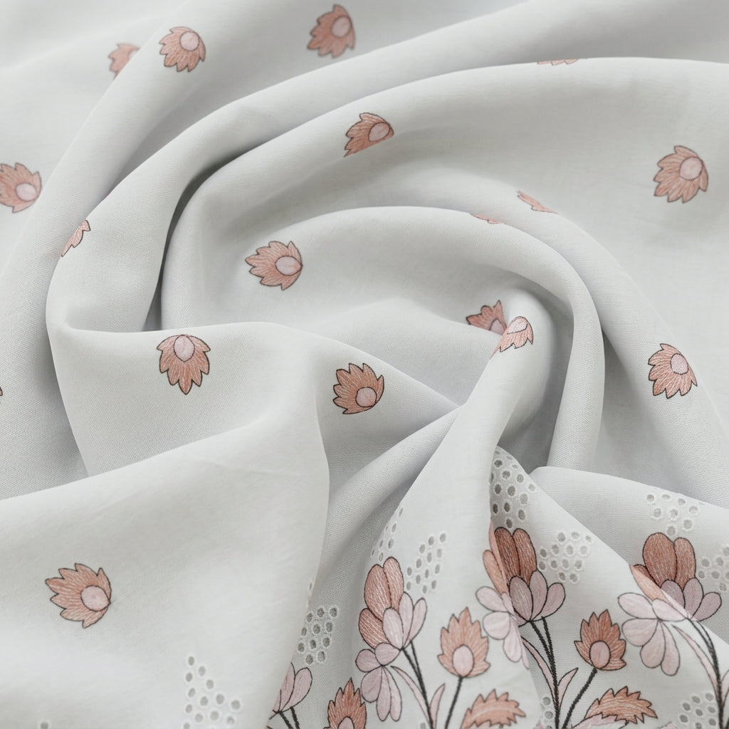 Cream Floral Embroidery Cotton Fabric