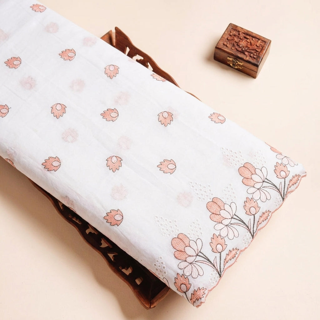 Cream Floral Embroidery Cotton Fabric