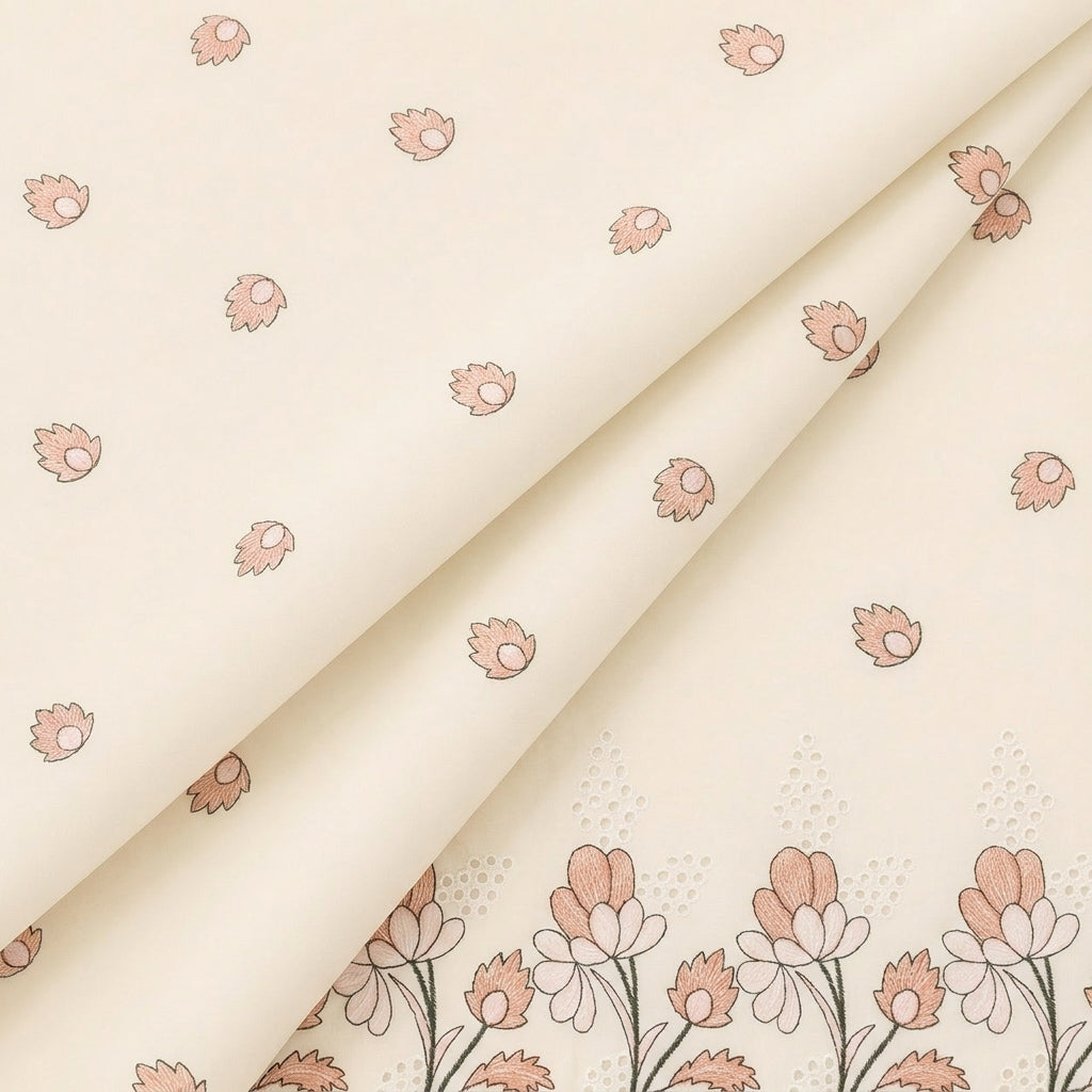 Cream Floral Embroidery Cotton Fabric