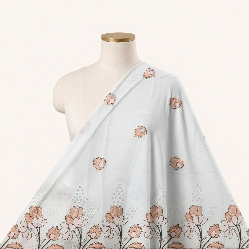 Cream Floral Embroidery Cotton Fabric