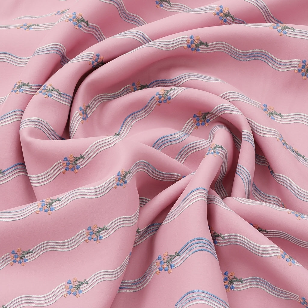 Swirled Embroidery Pink Embroidery Cotton Fabric