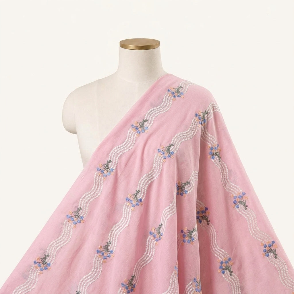 Embroidery Pink Embroidery Cotton Fabric Draped as a saree