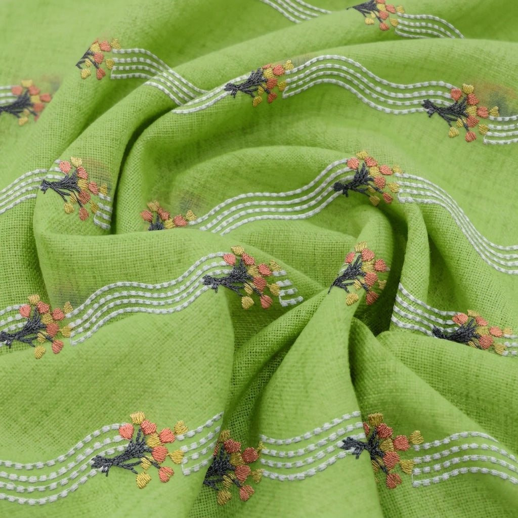 Swirled Embroidery Green Embroidery Cotton Fabric