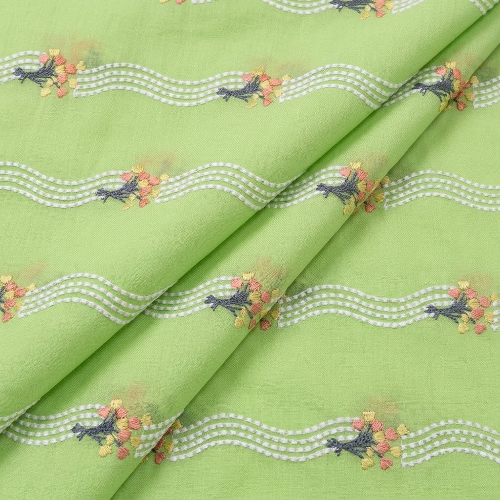 Folded Embroidery Green Embroidery Cotton Fabric