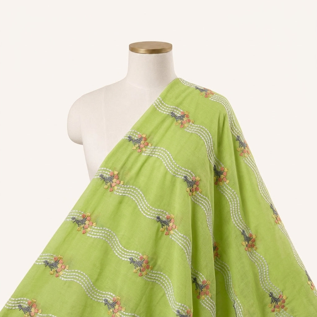 Embroidery Green Embroidery Cotton Fabric Draped as a saree