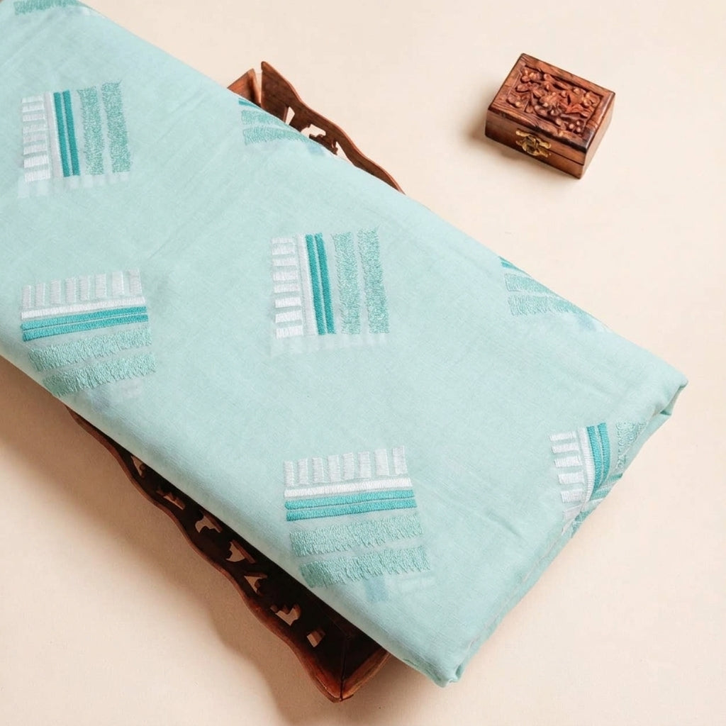 Folded Blue Embroidery Cotton Fabric Highlighting and Texture