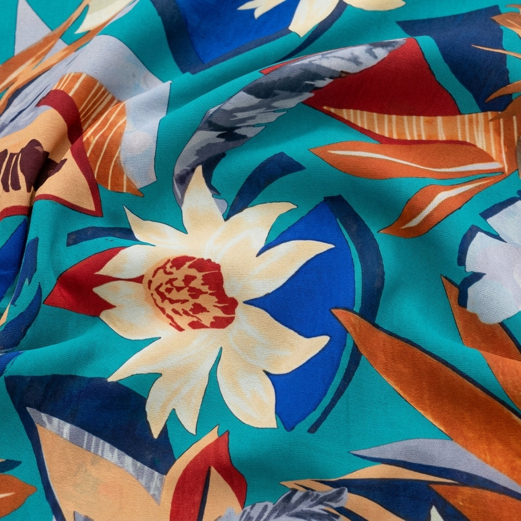 Swirled Floral Blue Floral Satin Fabric