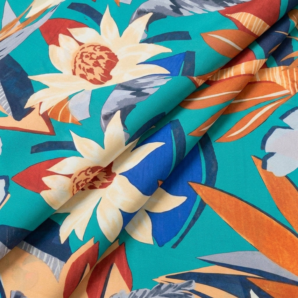 Folded Floral Blue Floral Satin Fabric