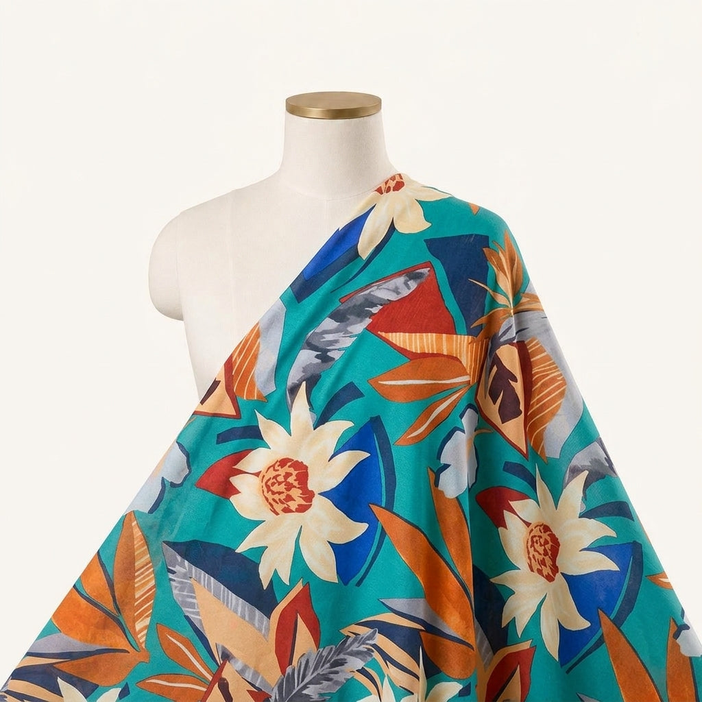 Floral Blue Floral Satin Fabric Draped as a saree
