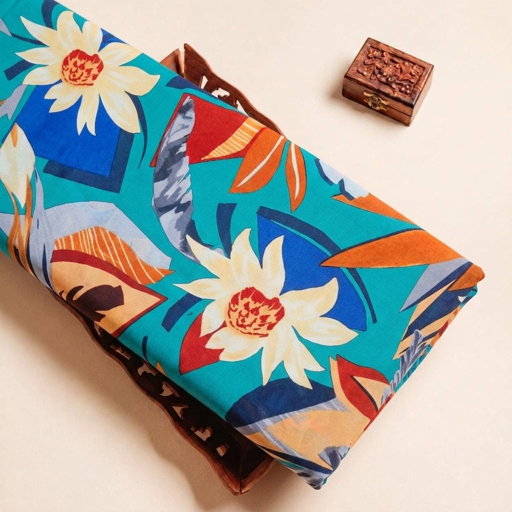 Folded Blue Floral Satin Fabric Highlighting and Texture