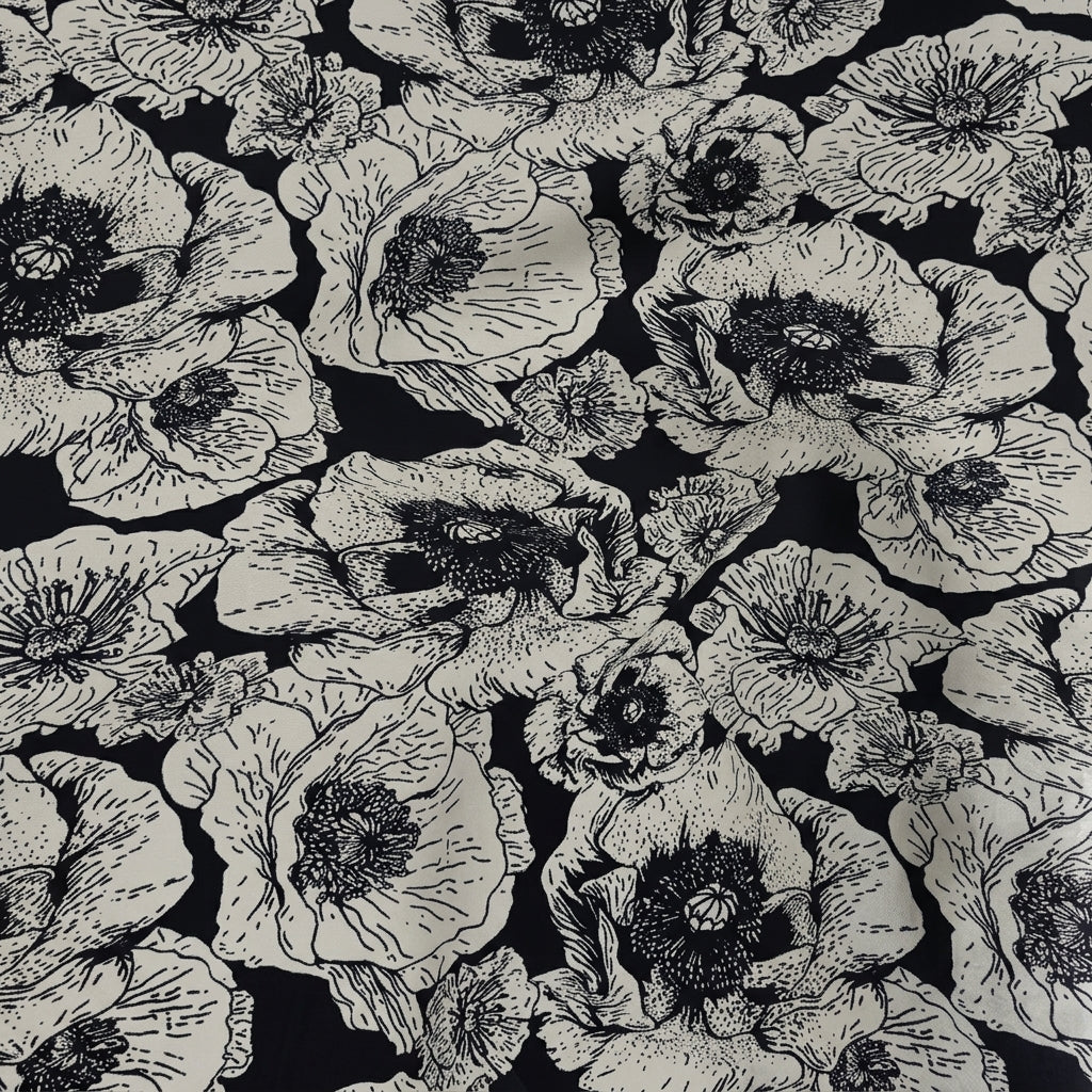 Swirled Floral Black Floral Crepe Fabric