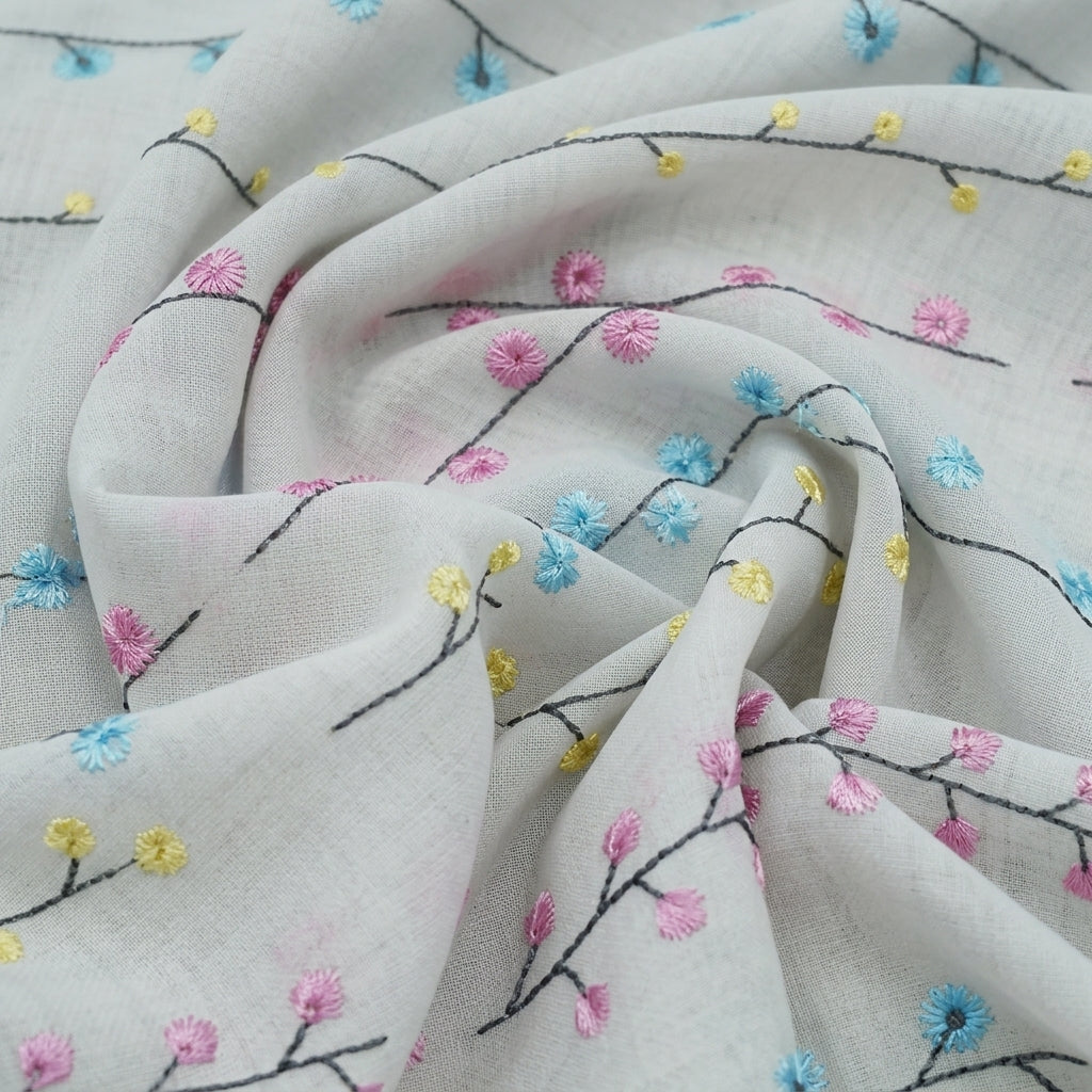 Swirled Embroidery White Embroidery Cotton Fabric