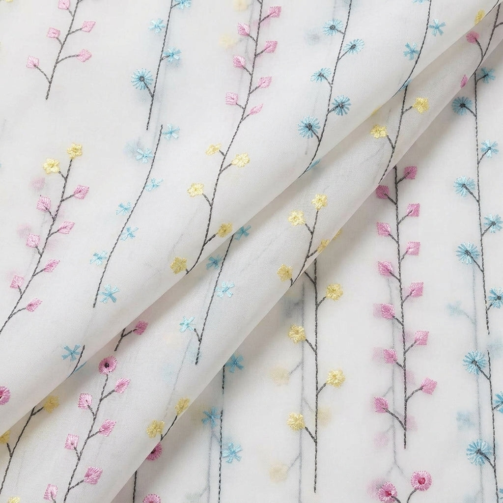 Folded Embroidery White Embroidery Cotton Fabric