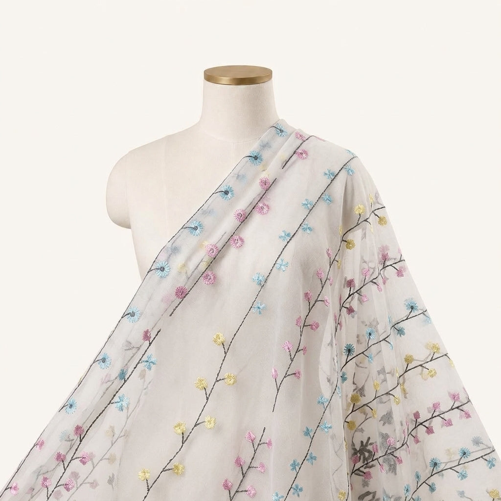Embroidery White Embroidery Cotton Fabric Draped as a saree