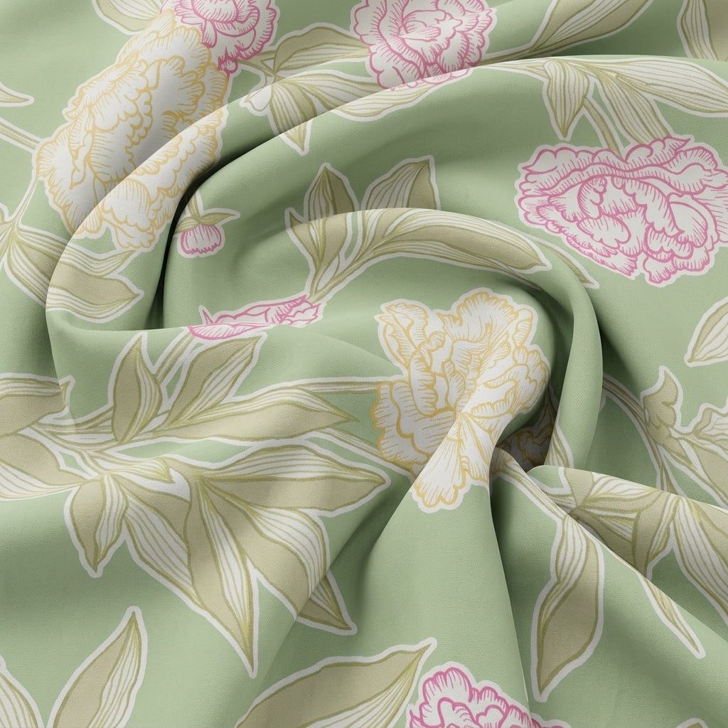 Swirled Floral Green Floral Crepe Fabric