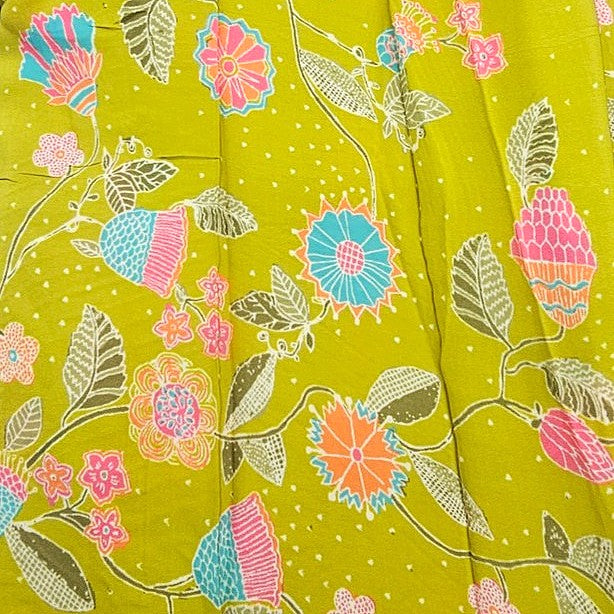 Green Floral Crepe Fabric, laid flat