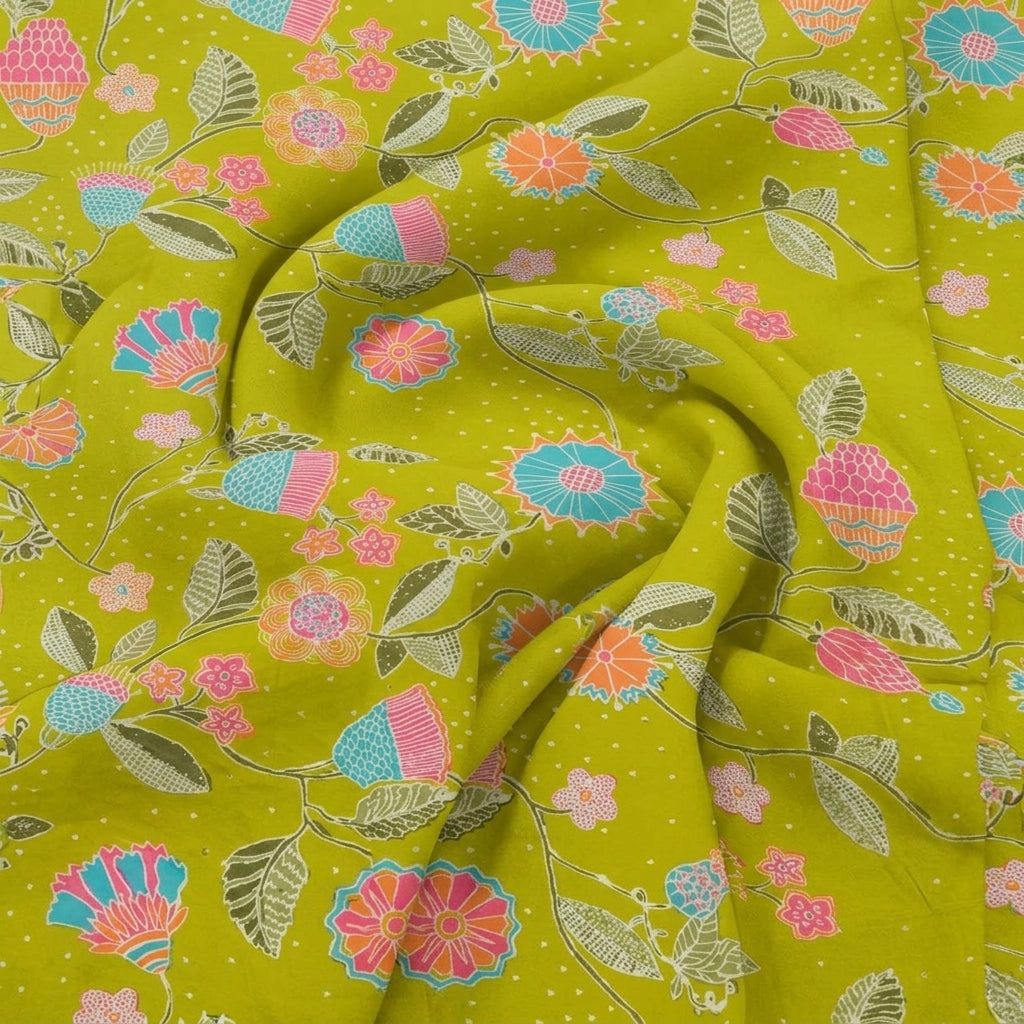 Swirled Green Floral Crepe Fabric Showing Drape