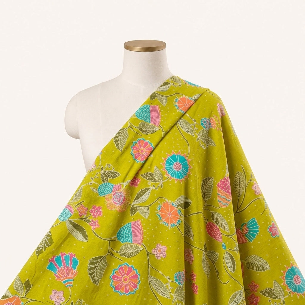 Green Floral Crepe Fabric Draped as a saree