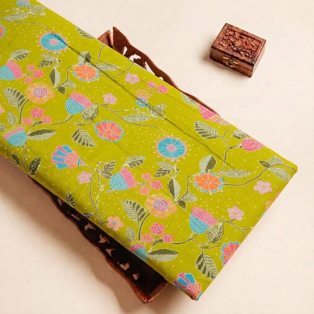 Folded Green Floral Crepe Fabric Highlighting Texture