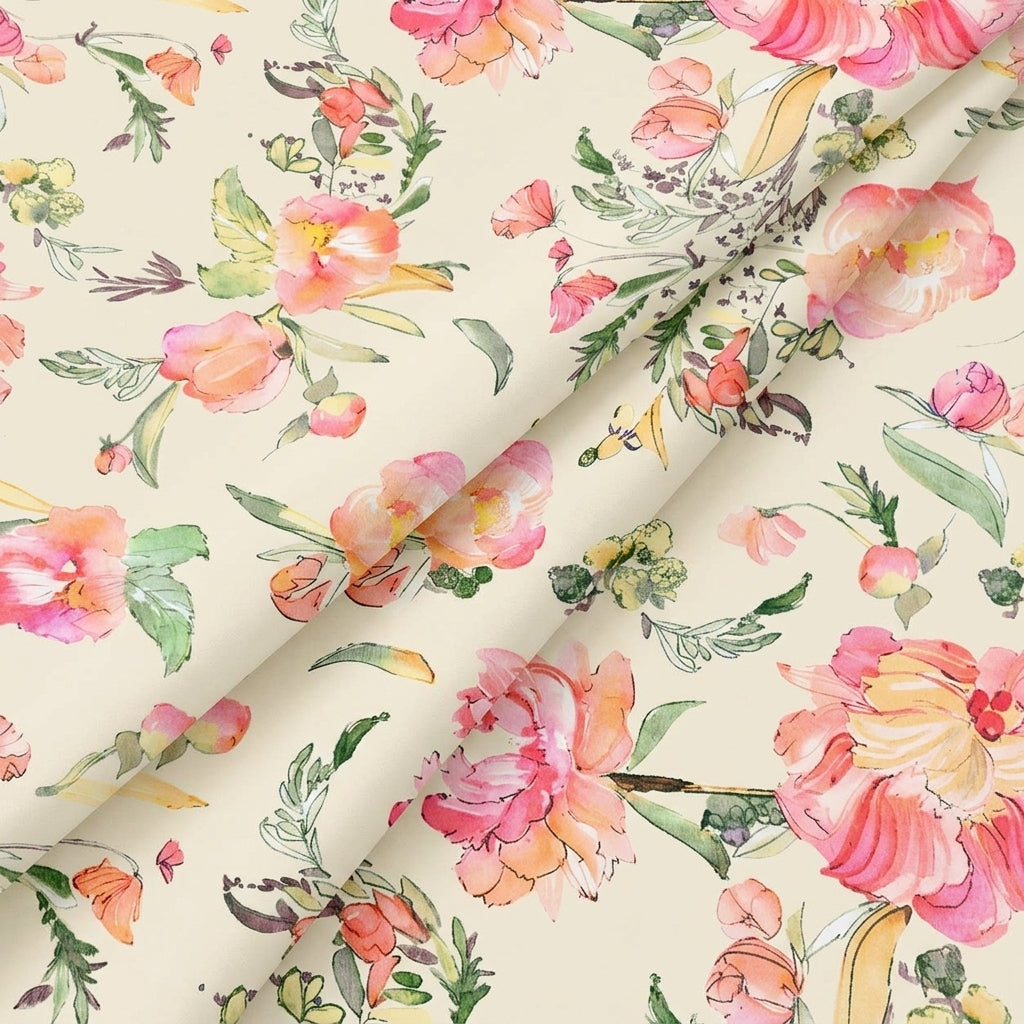 Folded Floral Cream Floral Crepe Fabric