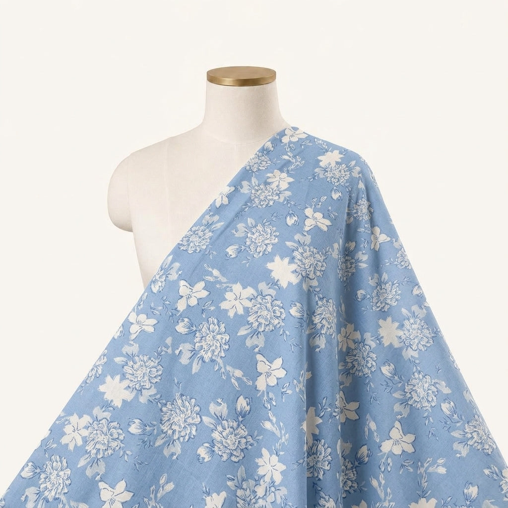 Floral Blue Floral Cotton Fabric Draped as a saree
