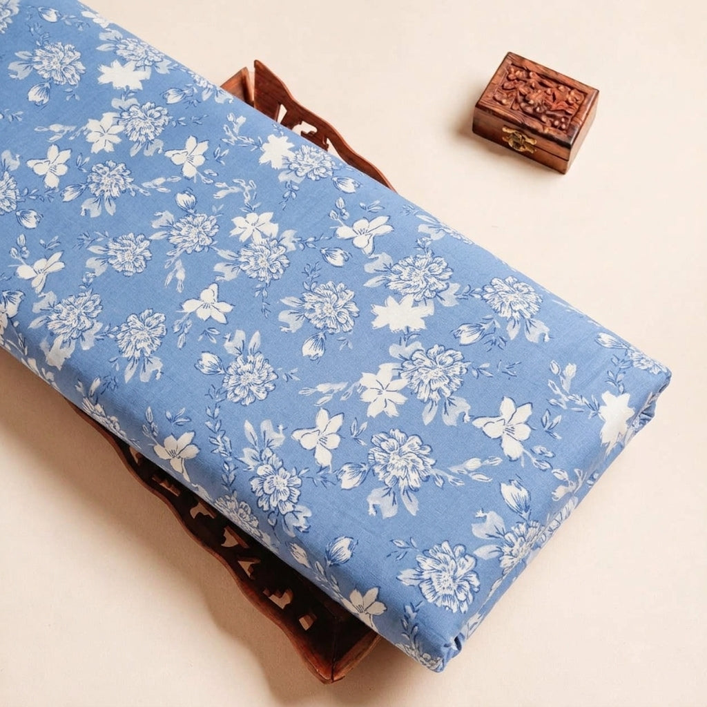 Folded Blue Floral Cotton Fabric Highlighting and Texture