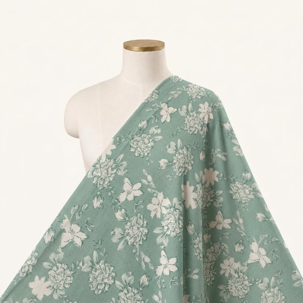 Floral Green Floral Cotton Fabric Draped as a saree